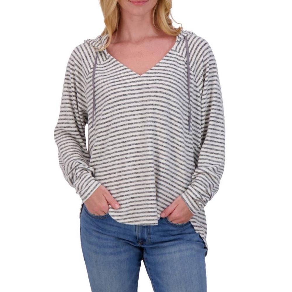 Lucky Brand Gray Striped Hooded Cloud Soft Top Minimalist Coastal Medium NEW